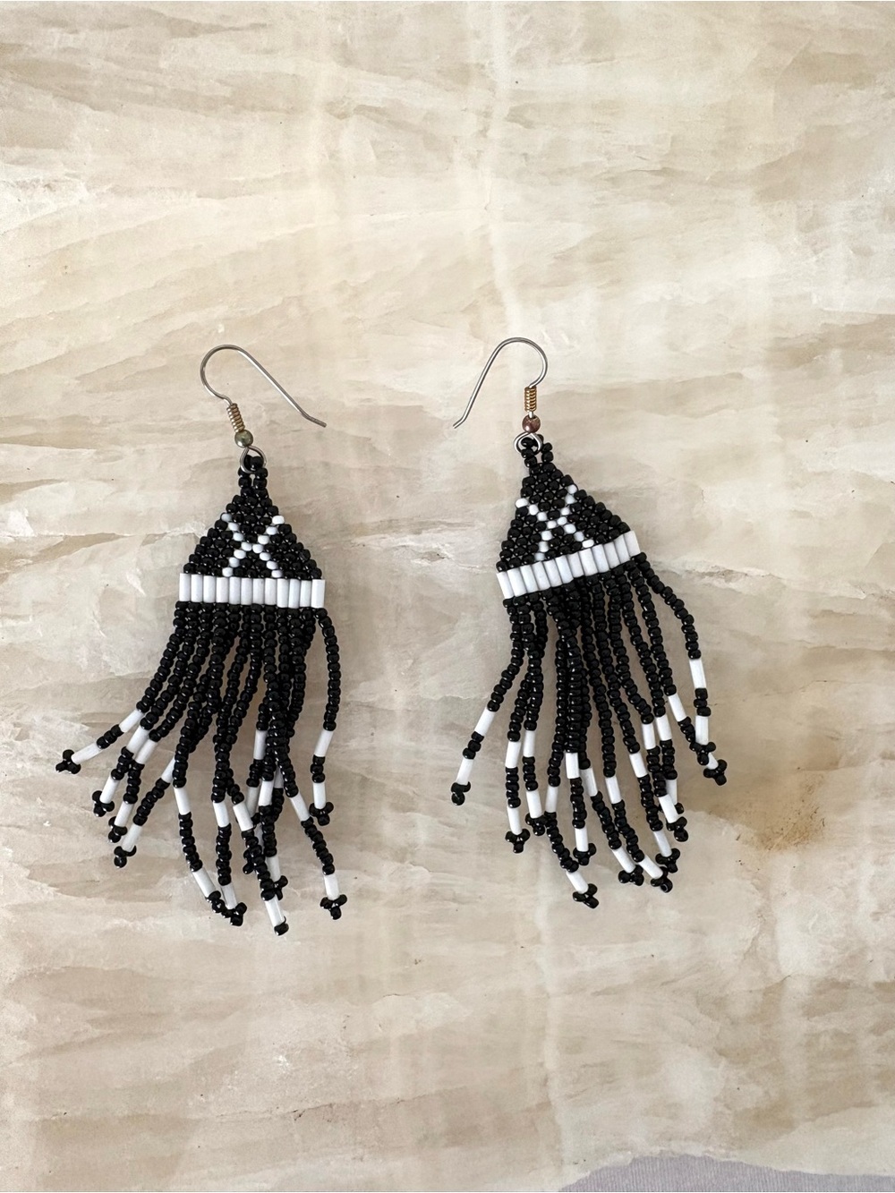 Vintage Handmade seed bead fringe earrings black white indie southwest native